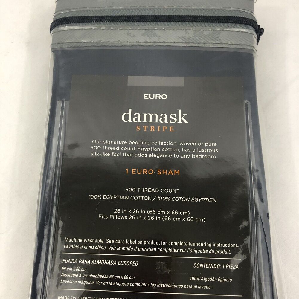 Damask Stripe Reversible Euro Sham Navy 500 Thread Count Egyptian Cotton - Picture 6 of 9